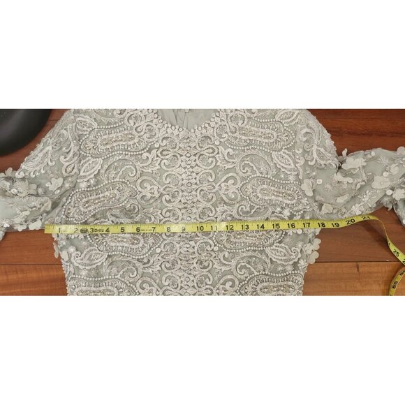 Gemy Maalouf Lace Evening Gown Light Grey Embroidered Long Sleeve Slit Front 12 - Picture 16 of 16